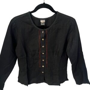 Kleen NWT Black 100% Linen Pintuck Velvet Trim Button Front Blouse Womens XS
